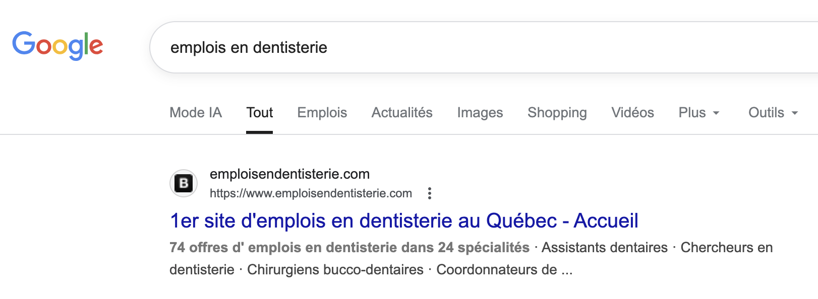 emploisendentisterie.com est le 1er site qui sort sur Google pour les emplois dans les cliniques dentaires